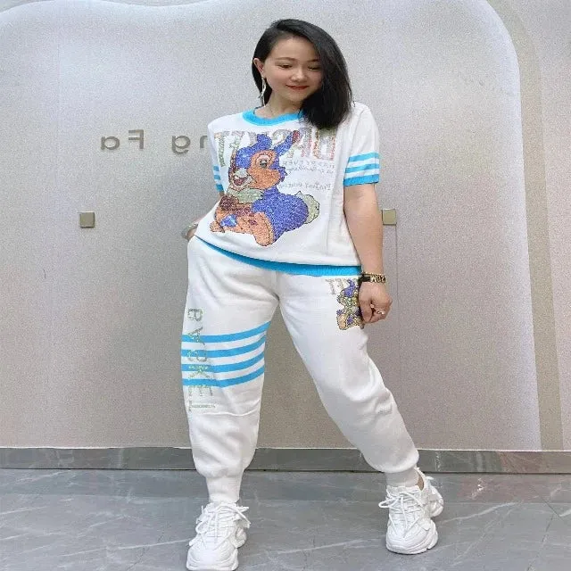 Women's Fashion Diamond Tracksuit with Cartoon Pattern