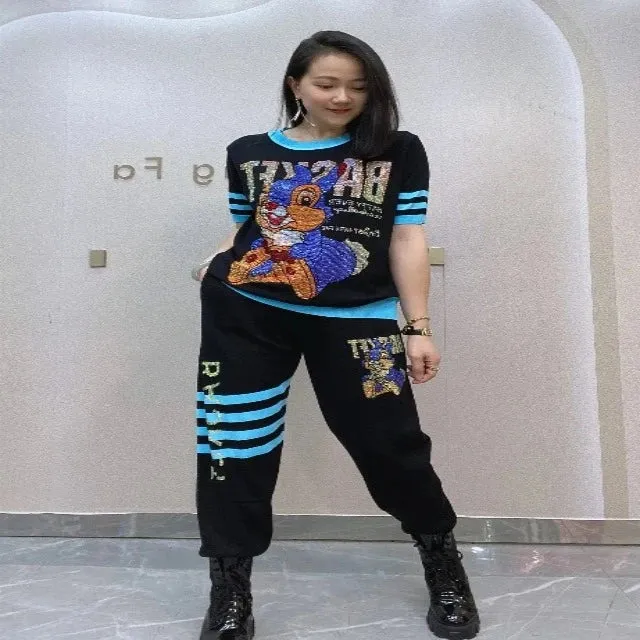 Women's Fashion Diamond Tracksuit with Cartoon Pattern