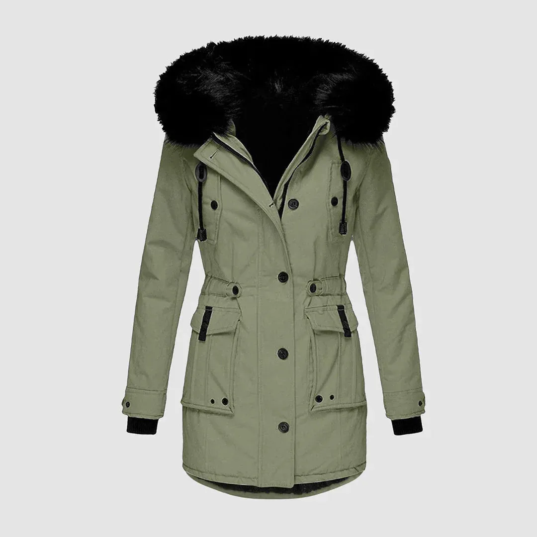 Women's fashionable parka featuring a black faux fur trim
