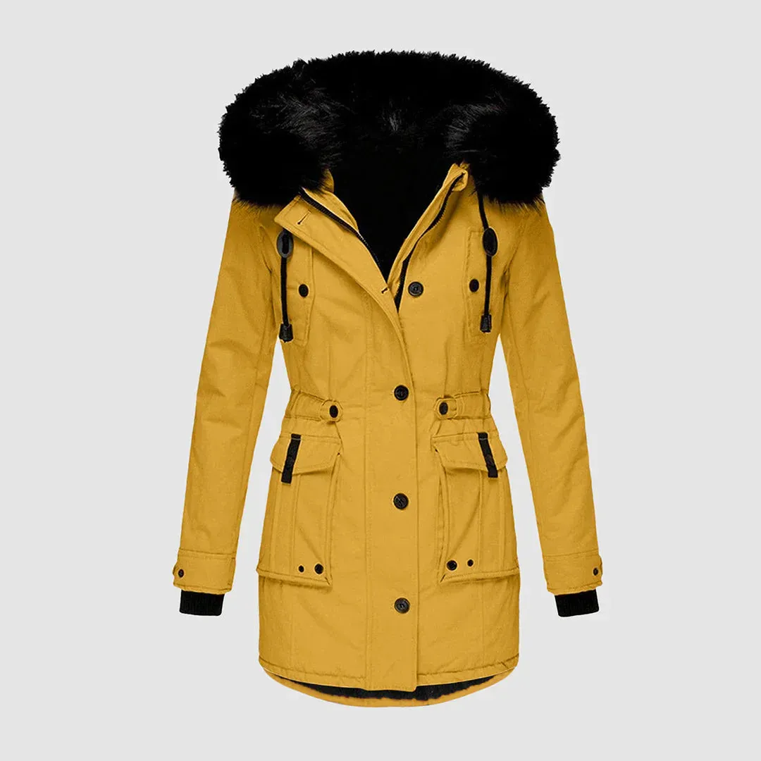 Women's fashionable parka featuring a black faux fur trim