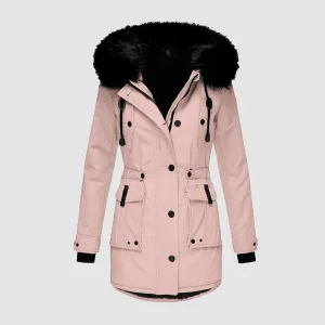 Women's fashionable parka featuring a black faux fur trim