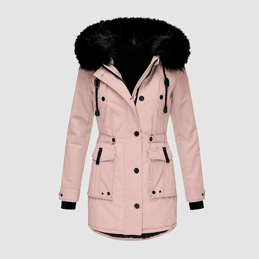 Women's fashionable parka featuring a black faux fur trim