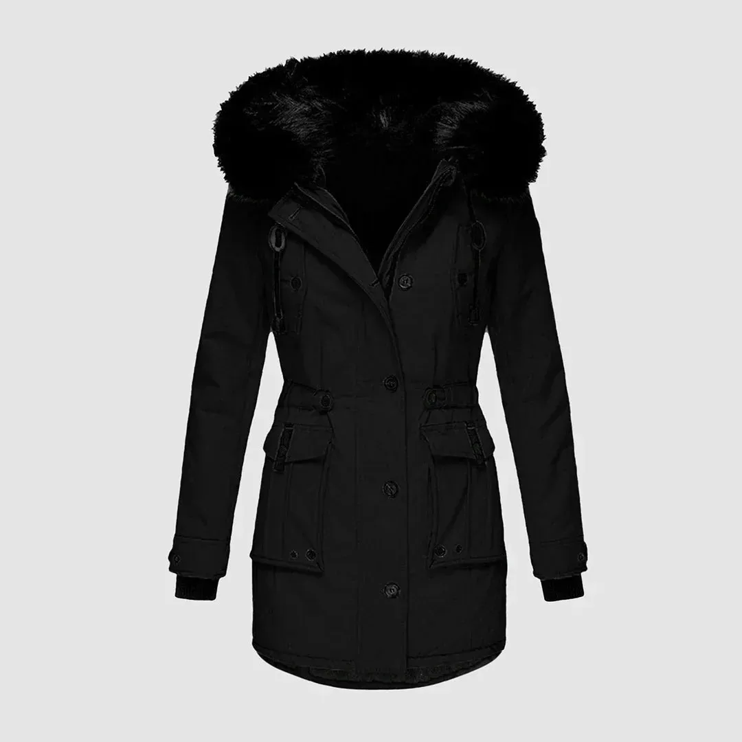Women's fashionable parka featuring a black faux fur trim