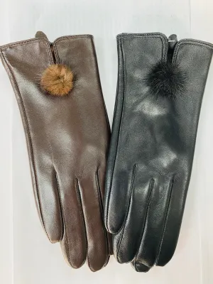 Women's Lamb Leather Gloves with Mink Fur Ball