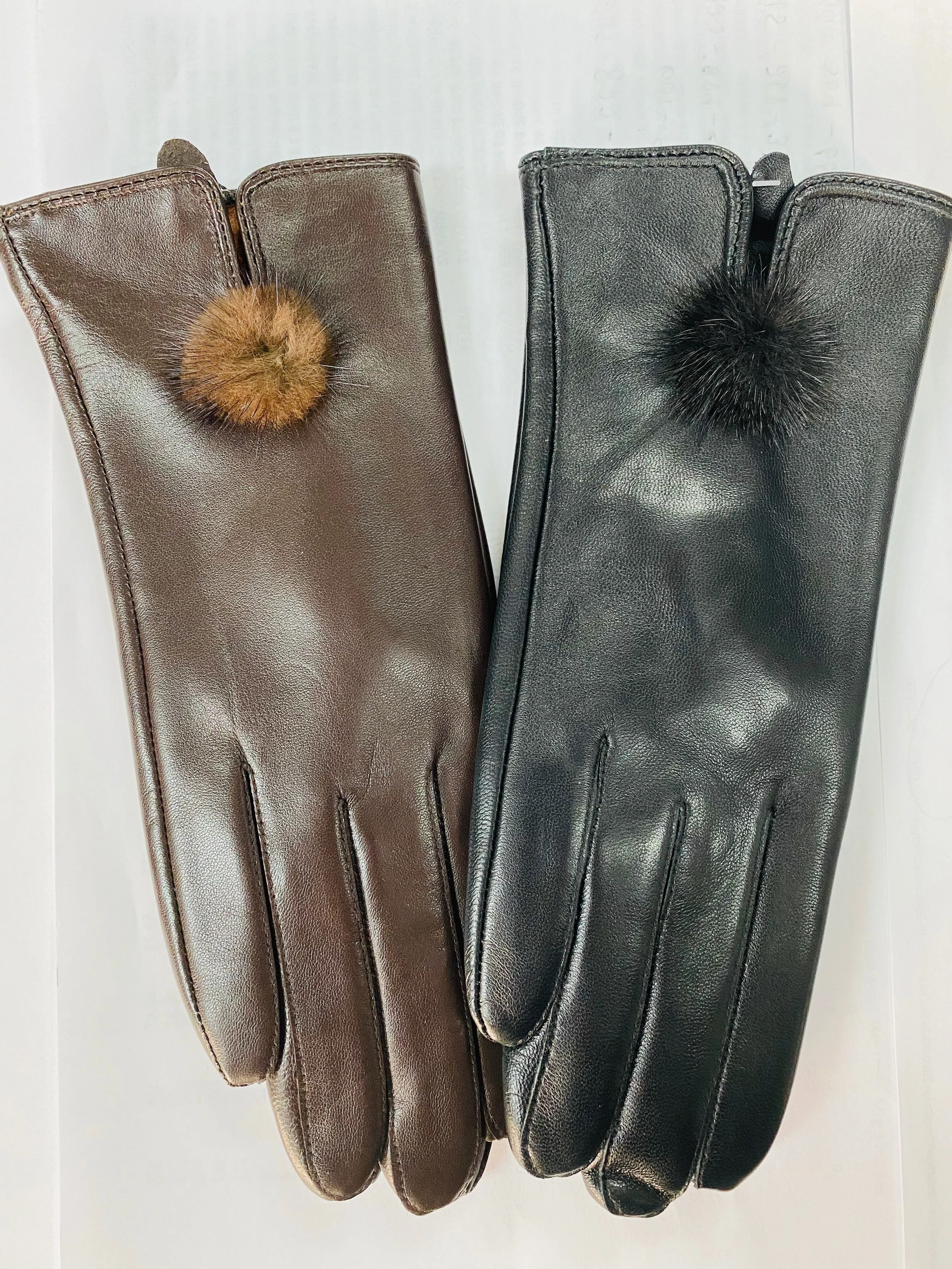 Women's Lamb Leather Gloves with Mink Fur Ball