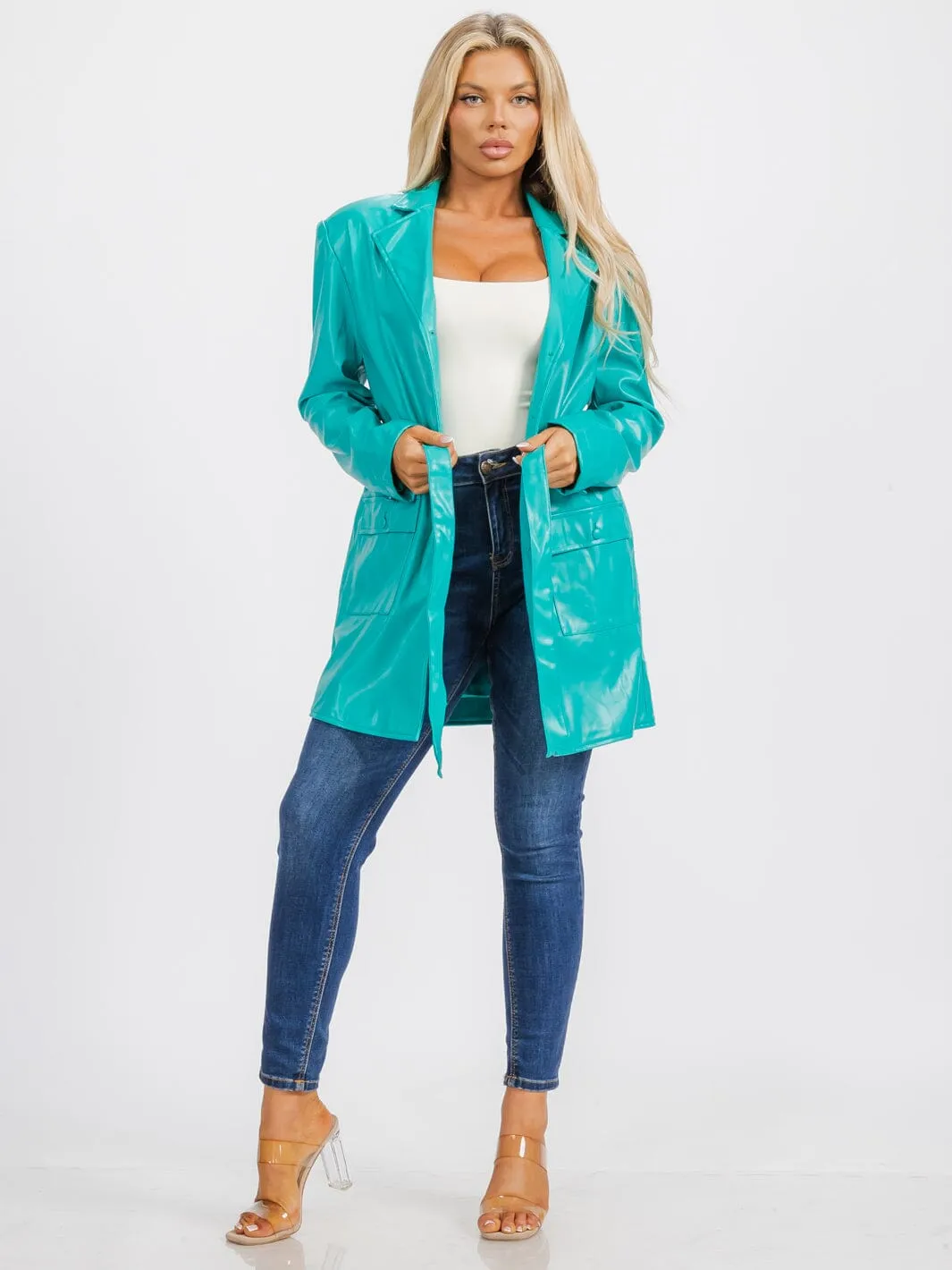 WOMEN'S LONG SLEEVE BUTTON CLOSURE FRONT POCKETS PU PLEATHER JACKET
