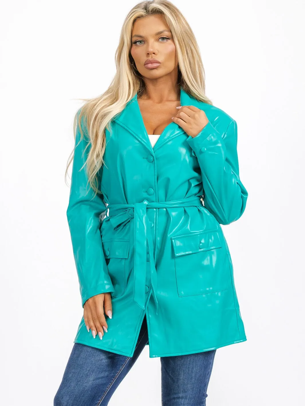 WOMEN'S LONG SLEEVE BUTTON CLOSURE FRONT POCKETS PU PLEATHER JACKET