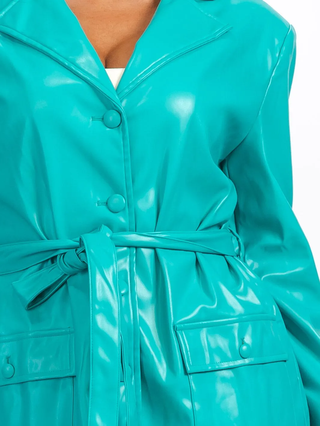 WOMEN'S LONG SLEEVE BUTTON CLOSURE FRONT POCKETS PU PLEATHER JACKET
