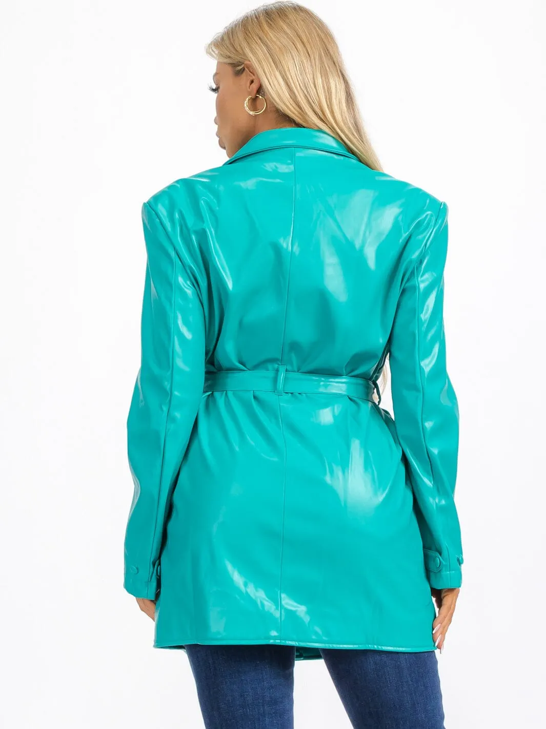 WOMEN'S LONG SLEEVE BUTTON CLOSURE FRONT POCKETS PU PLEATHER JACKET
