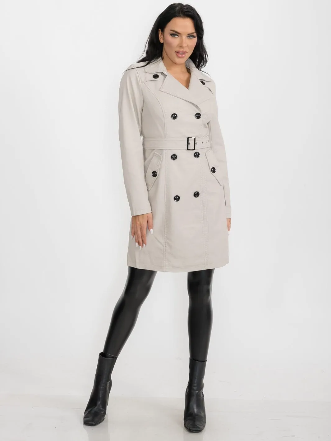 WOMEN'S LONG SLEEVE BUTTON CLOSURE PU PLEATHER COAT