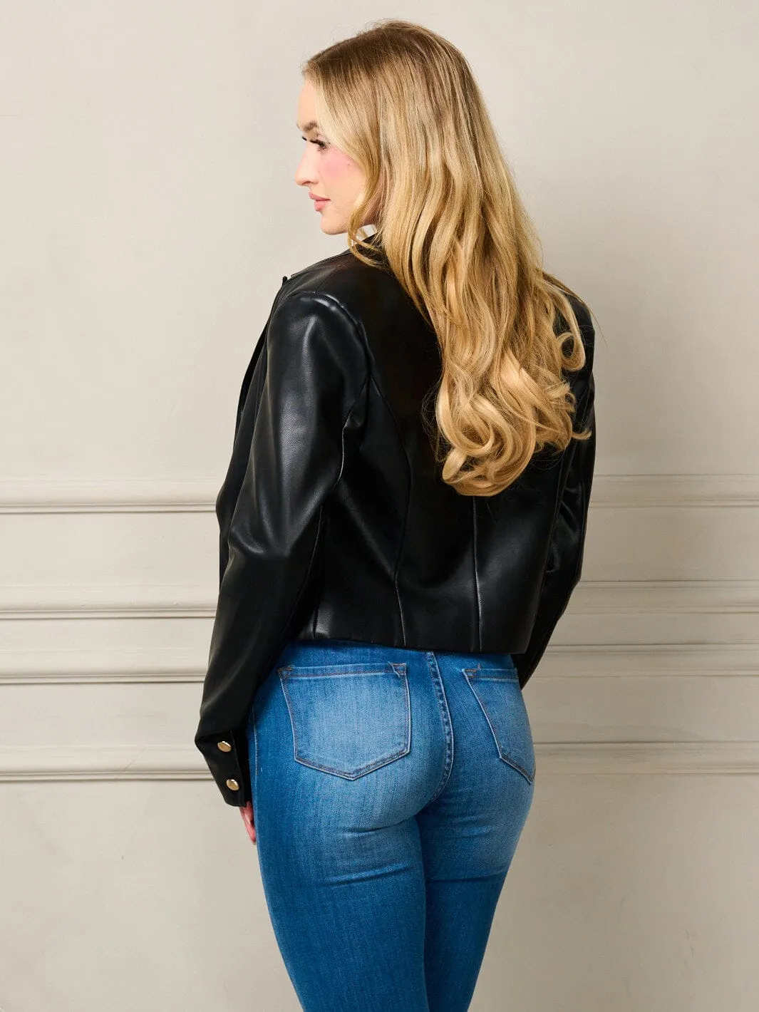 WOMEN'S LONG SLEEVE BUTTON CLOSURE PU PLEATHER JACKET