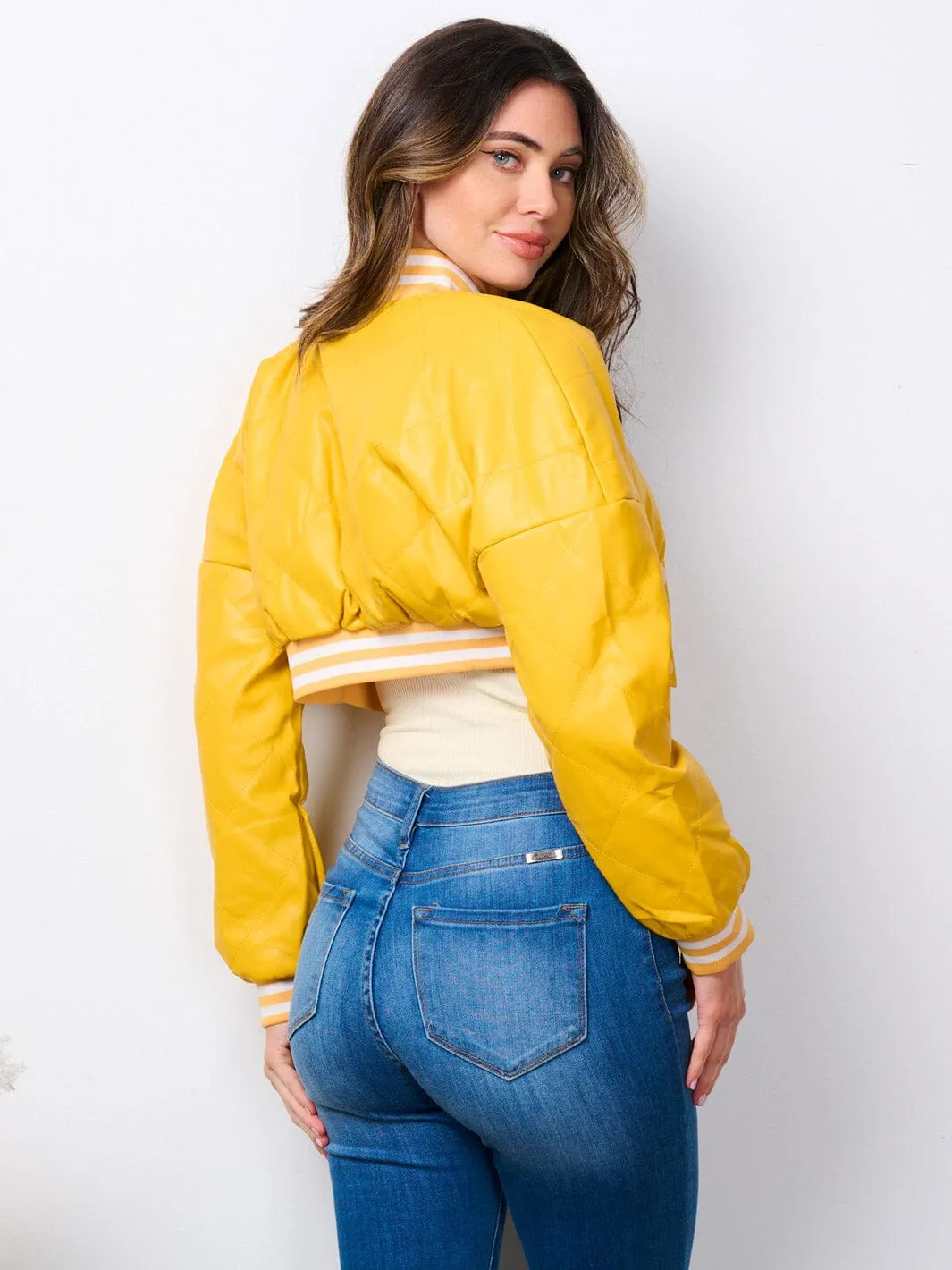 WOMEN'S LONG SLEEVE BUTTON UP PU PLEATHER CROP JACKET
