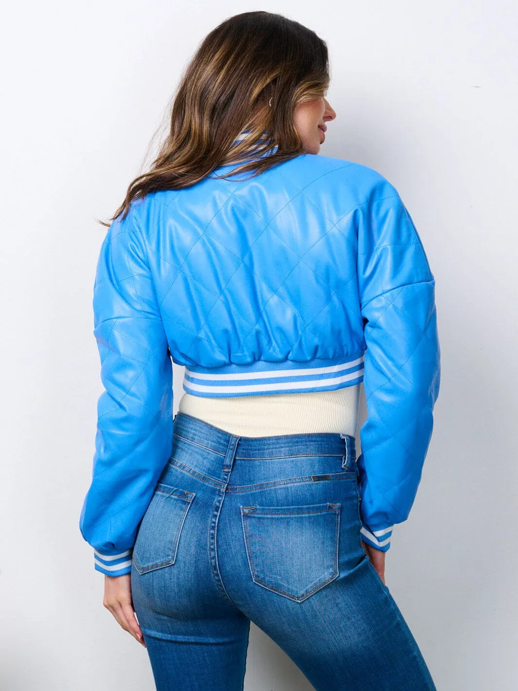 WOMEN'S LONG SLEEVE BUTTON UP PU PLEATHER CROP JACKET