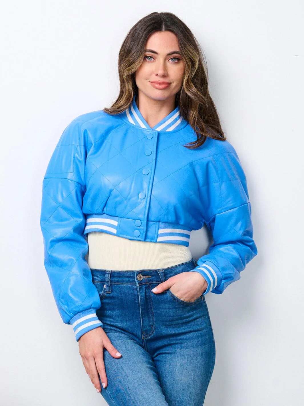 WOMEN'S LONG SLEEVE BUTTON UP PU PLEATHER CROP JACKET