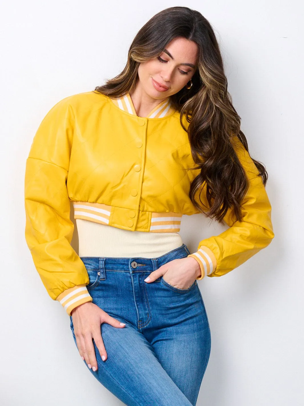 WOMEN'S LONG SLEEVE BUTTON UP PU PLEATHER CROP JACKET