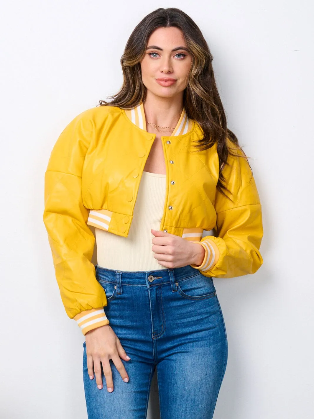 WOMEN'S LONG SLEEVE BUTTON UP PU PLEATHER CROP JACKET