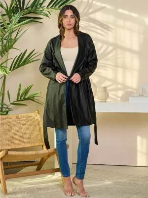 WOMEN'S LONG SLEEVE OPEN FRONT PU PLEATHER JACKET