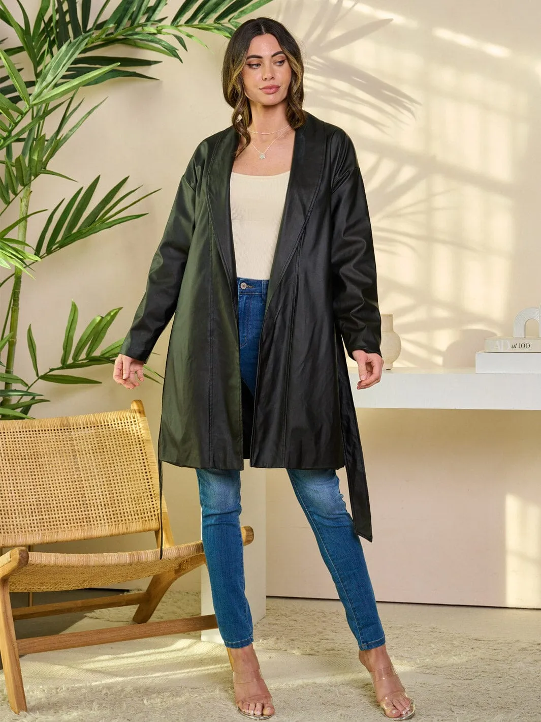 WOMEN'S LONG SLEEVE OPEN FRONT PU PLEATHER JACKET