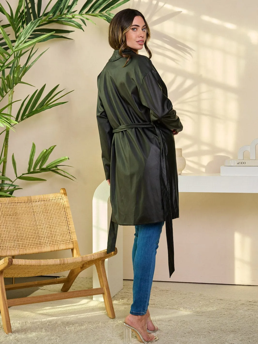 WOMEN'S LONG SLEEVE OPEN FRONT PU PLEATHER JACKET