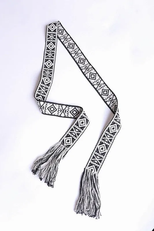 Woven Aztec Waist Tie Belt w/ Frayed Trim