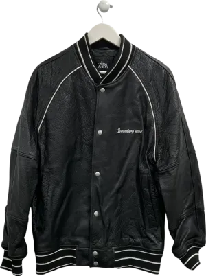 ZARA Black Legendary Mood Oversized Leather Varsity Jacket UK M