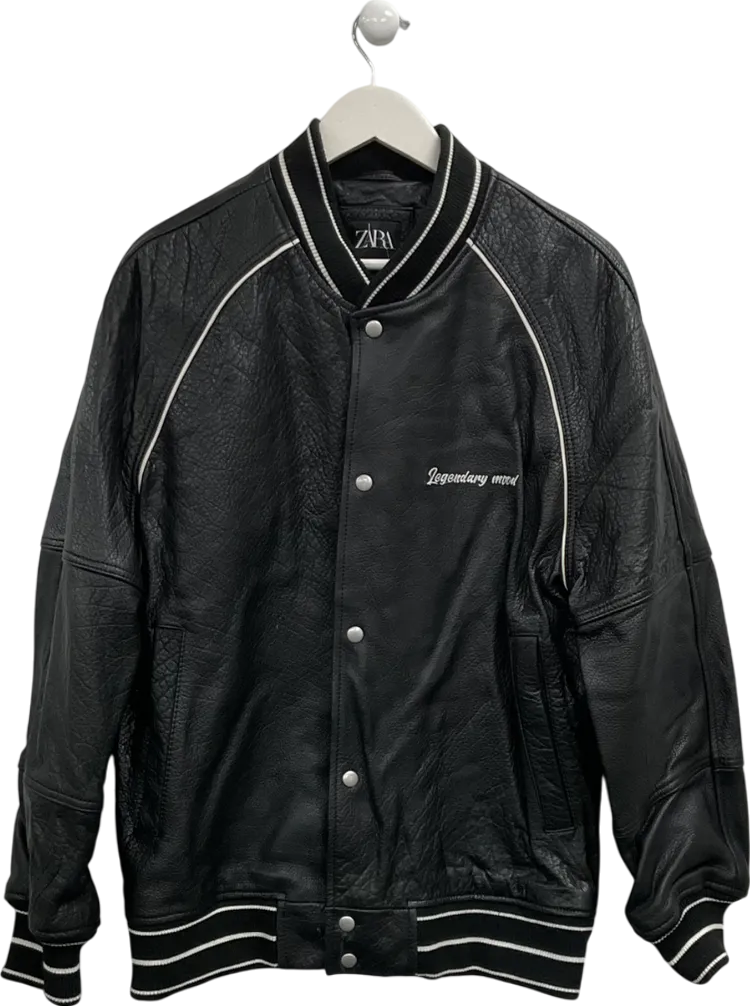 ZARA Black Legendary Mood Oversized Leather Varsity Jacket UK M